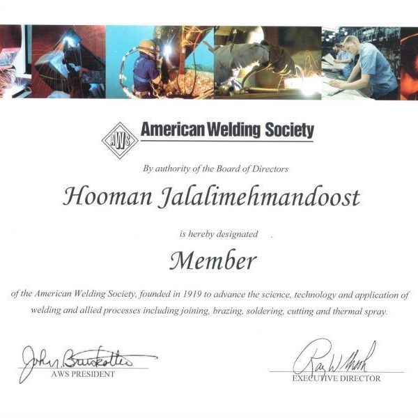 Hooman Jalali Mehmandoost Welding certificate